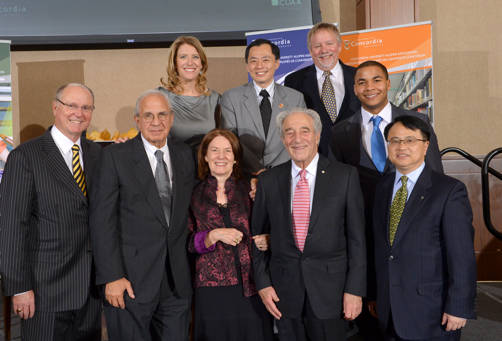 The honourees at the 21st Alumni Recognition Awards Banquet at Le Westin Montreal (from left, back to front): Jamie Orchard, Jang-Hwan Kwon, James Conklin, Marvin H. Coleby, John F. Lemieux, Ned Goodman, Mary Kay Lowy and Frederick H. Lowy, and Dennis Y. Chan. | Photos by Ryan Blau/PBL Photography