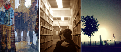 The winning images for the Slice of Campus Life photo contest: Fall falls down by Jennifer Laflamme, Educated kiss by Andreea Constantinescu, and Loyola Campus on a foggy night by Kato Kayembe.