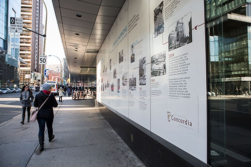 A new exhibition on the large windows of the Engineering, Computer Science and Visual Arts Integrated Complex (EV) along Guy Street offers a peek into the storied past of the downtown neighbourhood surrounding Quartier Concordia. Photo by Concordia University