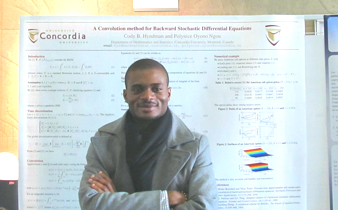 Graduate student Polynice Oyono stands in front of his poster presentation at the Entretiens Jacques Cartier. | Photo courtesy of Oscar Quijano