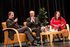 Concordia researcher Jim Pfaus (at left) and author Naomi Wolf discuss sexual desire and the brain. The February 7 conversation was moderated by Globe and Mail journalist André Picard. | Photos by Concordia University