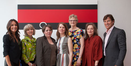 From left: Claudine Blondin Bronfman; Louise Poissant, dean of the Faculty of Arts at UQAM; UQAM Bronfman Fellow Nadia Seboussi; Concordia Bronfman Fellow Kim Waldron; Catherine Wild, dean of the Faculty of Fine Arts at Concordia; Marie Claire Morin, vice-president, Advancement and Alumni Relations; and Stephen Bronfman. | Photo by Jean-François Hamelin Photographe