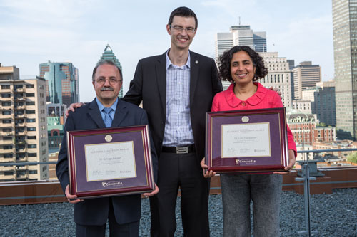 Winners of the 2013 Academic Leadership Awards George Kanaan and Lata Narayanan stand with Dominic Peltier-Rivest, executive director of the Centre for Academic Leadership. Professor Lynn Hughes (not pictured) also earned the honour. | Photo by Concordia University