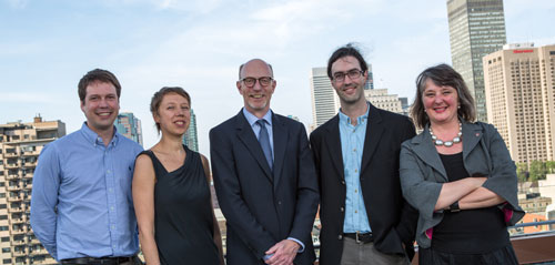 Vice-President, Research and Graduate Studies, Graham Carr is flanked by four new Concordia Research Chairs (left to right): Alexandre Champagne, Masha Salazkina, Damon Matthews and Kim Sawchuk. Absent: Chadi Assi and Kathleen Boies.