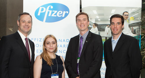 Finance student Cynthia Perna; Alex Bottausci, finance program coordinator at the Institute for Co-operative Education; and Pfizer's Felix Thiel and Steve Borrelli.