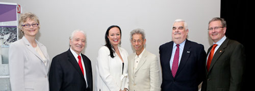 From left: Fine Arts Dean Catherine Wild, honourees Bruce Mallen, Phoebe Greenberg and Gabor Szilasi, Fine Arts Advisory Board Chair Maurice Forget and Concordia President Alan Shepard. | Photo by Joe Dresdner 