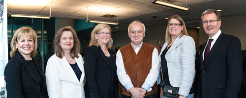 From left: Kim Madigan, VP Human Resources, CN; Marie Claire Morin, VP Advancement and Alumni Relations, Concordia University; Karen Phillips, VP Public and Government Affairs, CN; Ahmet Satir, director of the new research centre; Gisèle Bernier White, Manager of Sponsorships and Communications, CN; and Concordia President Alan Shepard