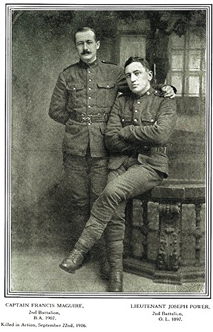 Loyola alumnus Capt. Francis Maguire, BA 1907, left, and Lieut. Joesph Power of the 2nd Battalion. Loyola alumnus Capt. Francis Maguire, BA 1907, left, and Lieut. Joesph Power of the 2nd Battalion.