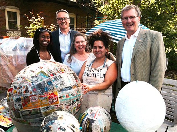 Making connections (from left): Student Alyssa Archer-Cooper; J.W. McConnell Foundation president Stephen Huddart; Janis Timm-Bottos; student Andrea Quintero; and Concordia president Alan Shepard at La Ruche d’Art St. Henri’s Each One, Teach One event on June 6. 