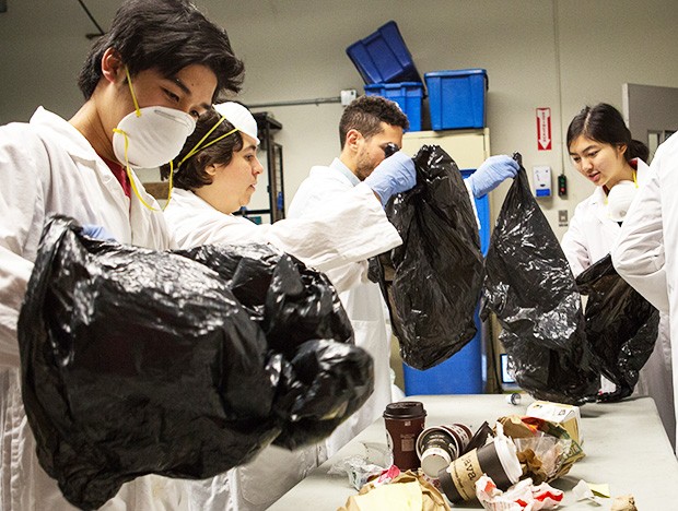 The university was first recognized for its recycling efforts in 2007. Here, students perform an annual waste audit