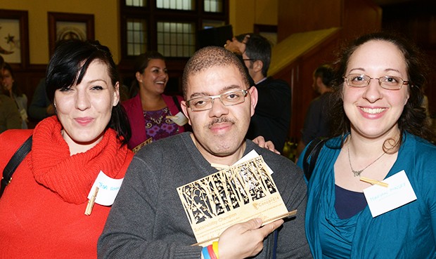 Sustainability superhero David Allen, honoured at last year's event for his commitment to recycling at the university, is flanked by Concordians Leda Schade and Marian Pinsky