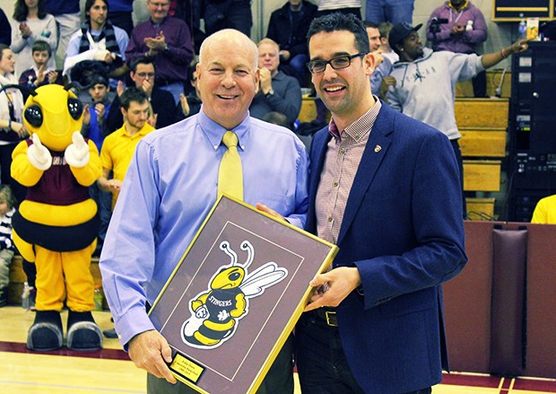 Stingers head coach John Dore (left) and Director of Recreation and Athletics Patrick Boivin before Dore’s last home game Stingers head coach John Dore (left) and Director of Recreation and Athletics Patrick Boivin before Dore’s last home game