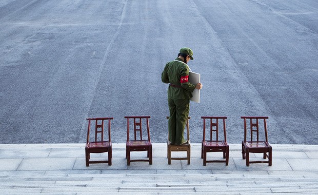 ”To Rebel is Justified” explores vulnerability in ritualistic humiliation through reconfiguring historical iconic images of the Red Guard in the Chinese Cultural Revolution.