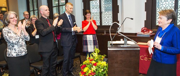 June Chaikelson (right), a professor in the Department of Psychology and one of the university’s longest-serving faculty members, received the 2014 Academic Leadership Award.