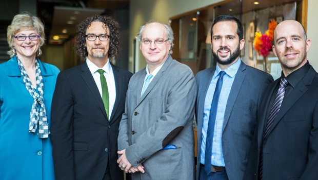 Roy Cross (second from left) and Juan Carlos Castro (second from right) were honoured with Distinguished Teaching Awards at a ceremony on May 12. Also in attendance were Catherine Wild, dean of the Faculty of Fine Arts; Mark Sussman, associate dean (centre), and Provost Benoit-Antoine Bacon. | All photos by Concordia University