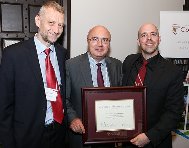 Academic Leadership Award recipient, Radu Grigore Zmeureanu, photographed with Jorgen Hansen (left) and Benoit-Antoine Bacon (right). 