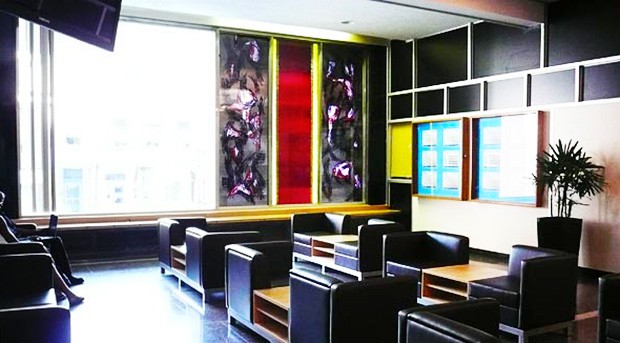 Jean McEwen's painted-glass windows (1966) in the mezzanine of the Henry F. Hall (H) Building Jean McEwen's painted-glass windows (1966) in the mezzanine of the Henry F. Hall (H) Building