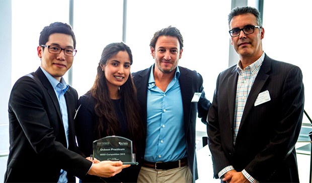 Changhyun Ahn and Jasmit Heera of CardioRescue with Greg Adelstein, JMSB entrepreneur-in-residence, and Ronald Abraira, Dobson Practicum coordinator | Photo: Concordia University