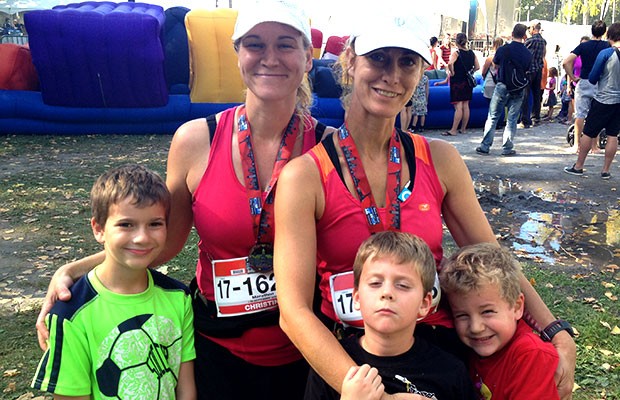 “A challenge like this can be the perfect trigger,” says PERFORM researcher Christina Weiss, shown here (left), with her three children and her sister Joanne, after completing the Montreal marathon in 2014.