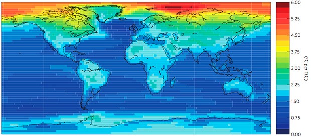 This map illustrates the average temperature increases worldwide, shown in °C warming per teratonne of carbon in CO2 emissions. | Image courtesy of Leduc, Matthews, Elía,