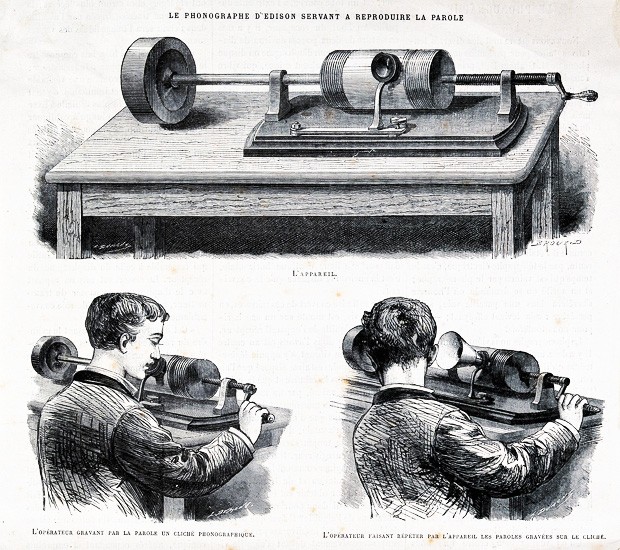 Acoustics: an Edison wax cylinder recorder. Wood engraving. | Image via Wikimedia Commons Acoustics: an Edison wax cylinder recorder. Wood engraving. | Image via Wikimedia Commons