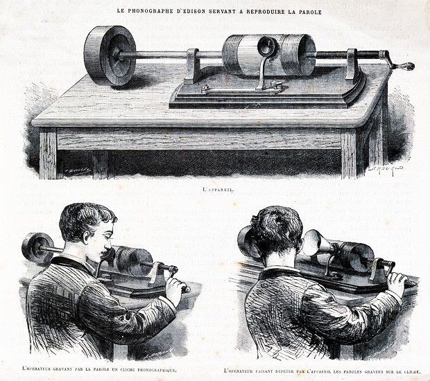 Acoustics: an Edison wax cylinder recorder. Wood engraving. | Image via Wikimedia Commons