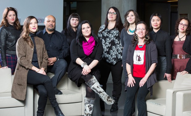 From left: Elizabeth Fast, Emilee Gilpin, Jason Edward Lewis, Cherry Smiley, Heather Igloliorte, Shiann Whitebean, Tiffany Ashoona, Louellyn White, Charmaine Lyn and Marie-Ève Drouin-Gagné.