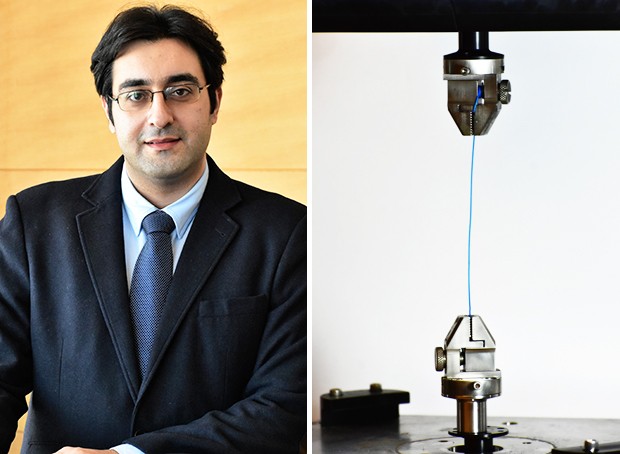 Amir Hooshiar (left) and (at right) a cardiac guide wire being tested to measure its mechanical properties. | Photos by Andrew Jeyaraj