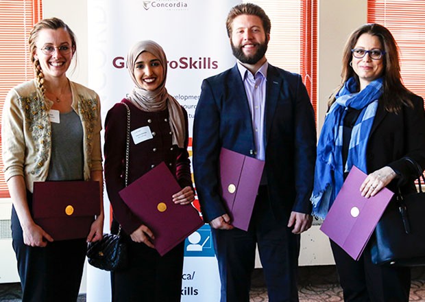 From left: PhD winner Darian Stahl, master's and People's Choice Award winner Deema Galambo, master's runner-up Jonathan Leclerc, PhD runner-up Nadia Naffi (not pictured: PhD People's Choice Award winner Laura Shine). From left: PhD winner Darian Stahl, master's and People's Choice Award winner Deema Galambo, master's runner-up Jonathan Leclerc, PhD runner-up Nadia Naffi (not pictured: PhD People's Choice Award winner Laura Shine).