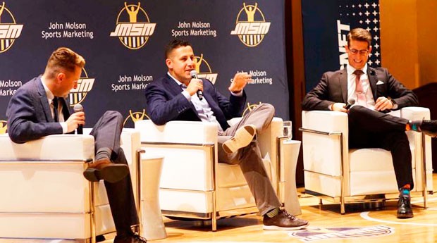 Assistant General Manager of the Chicago Cubs Shiraz Rehman (centre) with JMSM’s Nicholas Vonapartis (left) and Chris Lazaris. | Photo courtesy of the John Molson Sports Marketing Committee