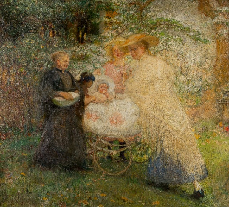 Happy Family in Garden, by Otto Heichert (1868-1946)