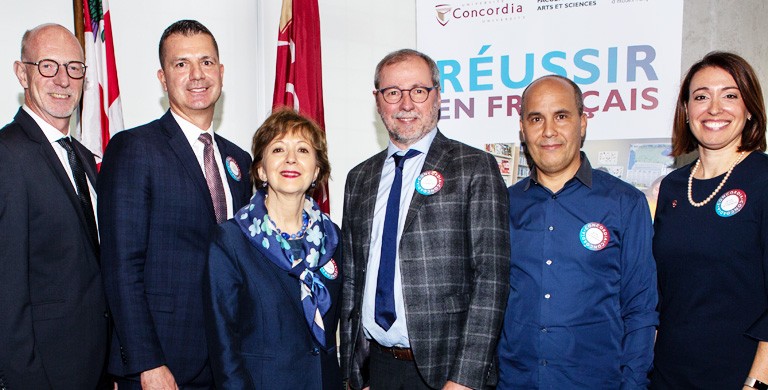 From left: Graham Carr, Interim President and Vice-Chancellor, Concordia; Guy Jobin, Vice-president, services aux entreprises – Chambre de commerce du Montréal métropolitain; Madame Ginette Galarneau, President, OQLF; André Roy, Dean, Faculty of Arts and Science; Adel Jebali, interim chair, Département d'Études françaises; Chanel Bourdon, Coordonnatrice de la promotion et valorisation de la langue française. From left: Graham Carr, Interim President and Vice-Chancellor, Concordia; Guy Jobin, Vice-president, services aux entreprises – Chambre de commerce du Montréal métropolitain; Madame Ginette Galarneau, President, OQLF; André Roy, Dean, Faculty of Arts and Science; Adel Jebali, interim chair, Département d'Études françaises; Chanel Bourdon, Coordonnatrice de la promotion et valorisation de la langue française.