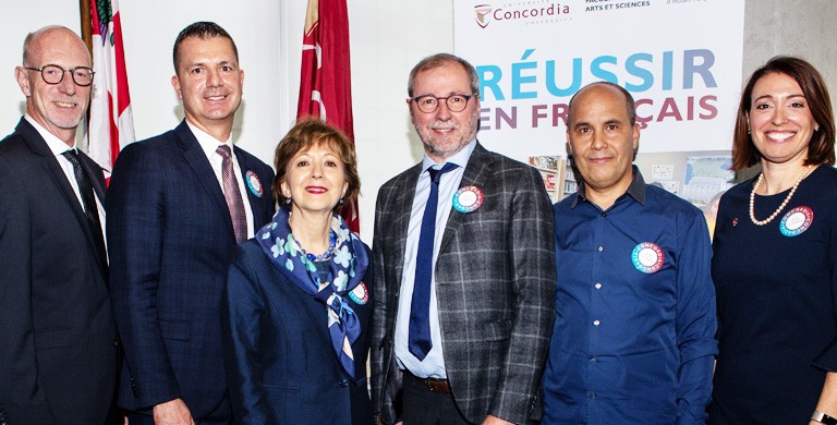 From left: Graham Carr, Interim President and Vice-Chancellor, Concordia; Guy Jobin, Vice-president, services aux entreprises – Chambre de commerce du Montréal métropolitain; Madame Ginette Galarneau, President, OQLF; André Roy, Dean, Faculty of Arts and Science; Adel Jebali, interim chair, Département d'Études françaises; Chanel Bourdon, Coordonnatrice de la promotion et valorisation de la langue française.