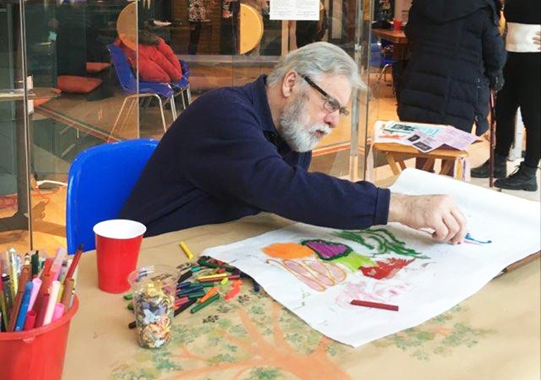 engAGE Living Lab founding member Leo Bottos making art outside the physical location at the Cavendish Mall, before its March closure due to the COVID-19 pandemic. | Photo by Janis Timm-Bottos