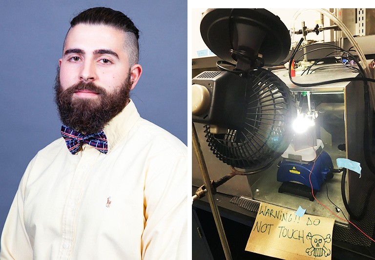 Francisco Yarur Villanueva: “I am very proud of this research, and I am confident the Solar Energy Conversion Group at Concordia will keep attracting interest in the years to come.” At left: Young man with a beard, a yellow shirt and a red and blue bow-tie. At left: Apparatus in a lab, including a bright light, a fan, and sign that says "Warning, do not touch."