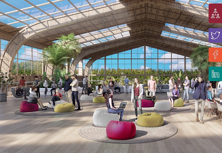 Virtual Orientation will be broadcast live on September 1 and 3, and content will remain accessible to students, on-demand, for 90 days afterwards. A computer simulated image of young people in a large open-spaced, many-windowed lounge area.