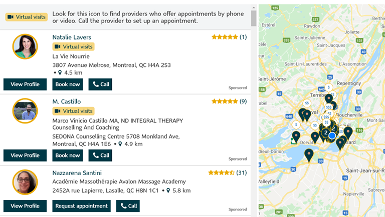 The virtual clinic uses chat, messaging, interactive audio and video technologies to provide health-care services at a distance. Profiles of health professionals on the left, with a map showing their locations on the right.