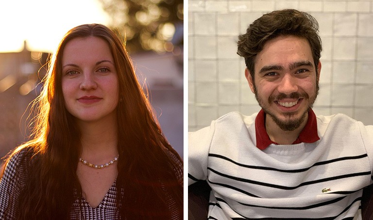 Left: Young woman with long brown hair and a blurred background of buildings and trees. Right: Young man, seated, with dark brown hair and a beard.