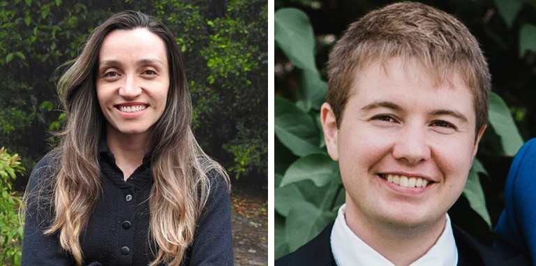 Left: Smiling person with long brown hair, wearing a black cardigan. Right: Smiling person with short blond hair, wearing a suit and tie.