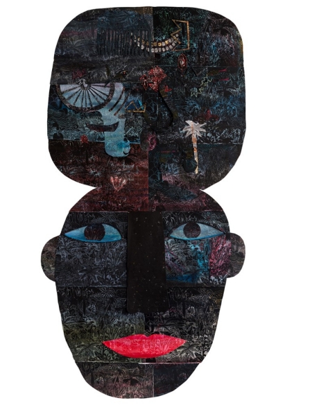 Artwork in the shape of a face with a top knot, with large eyes and a mouth, and all kinds of found objects in the background.