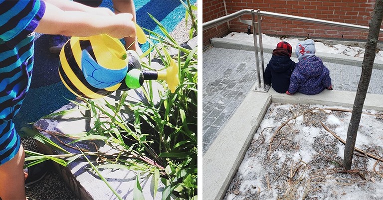 Left: a child watering an outdoor plant with a watering can. Right: two children sitting on a walkway ramp in winter.