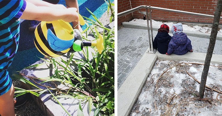 Angela Meo: “Winning this award is a big accomplishment for the whole team.” Left: a child watering an outdoor plant with a watering can. Right: two children sitting on a walkway ramp in winter.