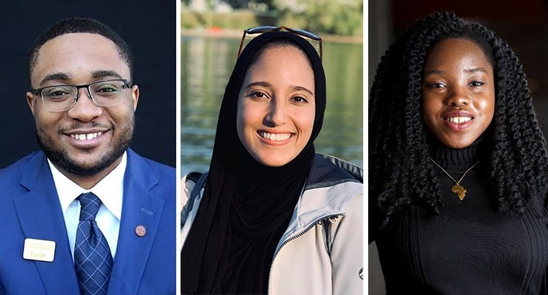 Portraits photos of three young smiling people: a Black man, a Muslim woman and a Black woman.