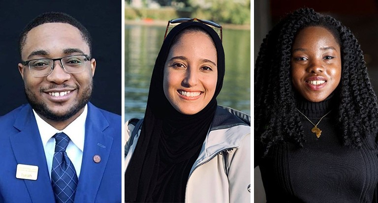 Graduating students Isaiah Joyner, Salma Adem and Adewunmi Ajike. Portraits photos of three young smiling people: a Black man, a Muslim woman and a Black woman.