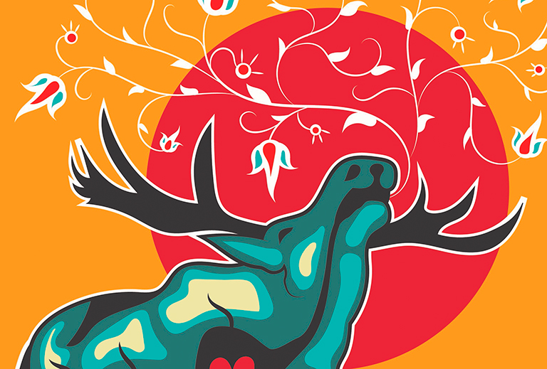 Artwork by Hunter Dewache Graphic image of a moose in colours of green, black, red and orange.