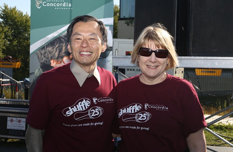 Jang-Hwan Kwon and Danielle Tessier at Concordia’s Shuffle 25 in 2014, when Tessier won Shuffler of the Year Two people, a man and a woman, standing outside.