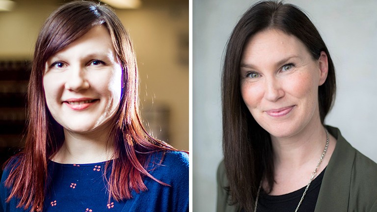 From left: Laura Mitchell and Julie Foisy Left: A smiling woman with long, red hair and a blue top. Right: A smiling woman with long, brown hair and a black top and green jacket.
