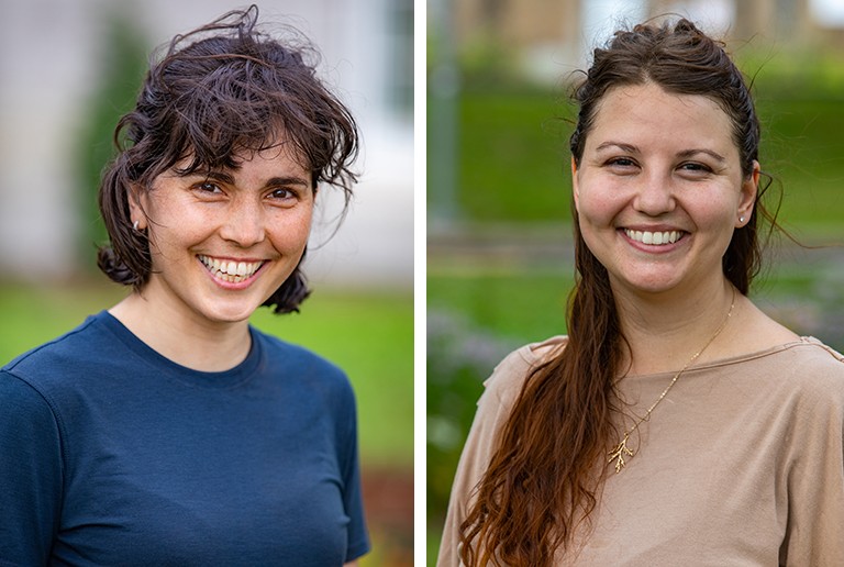 Portraits of two smiling, young woman, with shorter dark hair and one with longer, reddish hair.