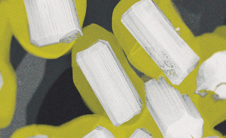Paula Merno's image “Metal–Organic Illumination” made her a finalist in the NSERC Science Exposed contest. Colourized MOF crystallites — grey and yellow rectangular shapes.