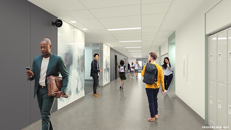 Computer generated graphic of people in an institutional hallway.